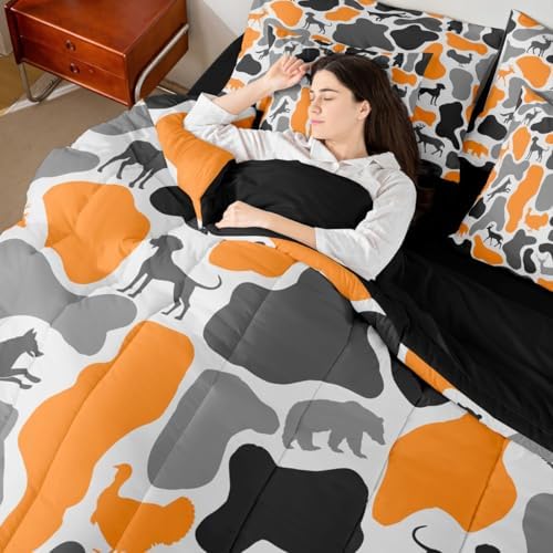 Erosebridal Bear Wolf 7 Piece Bedding Set Twin Camouflage Comforter Set with Sheets Orange Grey Animals Print Army Bed in a Bag Deer Hound Turkey Theme Camo for Kids Boys Girls
