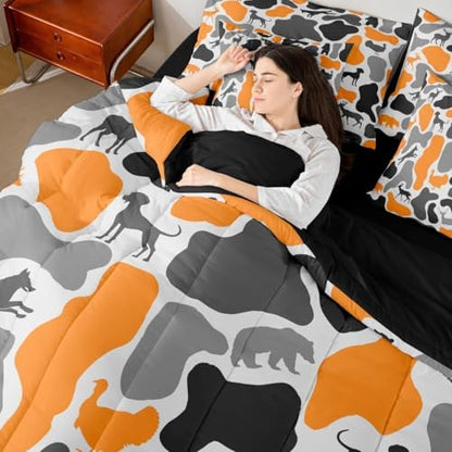 Erosebridal Bear Wolf 7 Piece Bedding Set Twin Camouflage Comforter Set with Sheets Orange Grey Animals Print Army Bed in a Bag Deer Hound Turkey Theme Camo for Kids Boys Girls