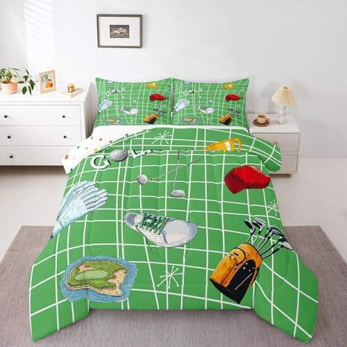 Castle Fairy Golf Bedding Set Full Size Ball Gaming Theme Comforter for Child Teens Boys Modern Golf Sports Lover Down Comforter Bedroom Decor Geometric Lines Duvet Insert with 2 Pillowcases