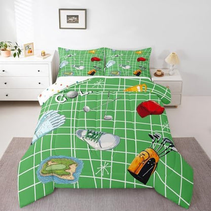 Castle Fairy Golf Bedding Set Full Size Ball Gaming Theme Comforter for Child Teens Boys Modern Golf Sports Lover Down Comforter Bedroom Decor Geometric Lines Duvet Insert with 2 Pillowcases