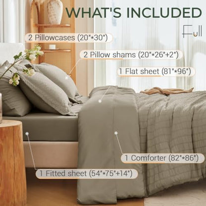 MUXHOMO 7 Pieces Full Comforter Set, Seersucker Bed in a Bag Full Size, All Season Luxury Bedding Set with Comforter, Flat Sheet, Fitted Sheet, Pillowcases & Shams, Linen