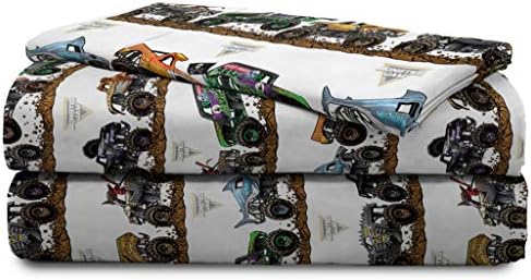 Jay franco Monster Jam Tracks 4 Piece Twin Bed Set - Includes Comforter & Sheet Set - Bedding Features Grave Digger & Megalodon - Super Soft Fade Resistant Microfiber (Official Monster Jam Product)