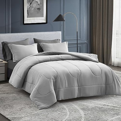 Maple&Stone Queen Comforter Set 7 Pieces Bed in a Bag Light Grey Bed Set
