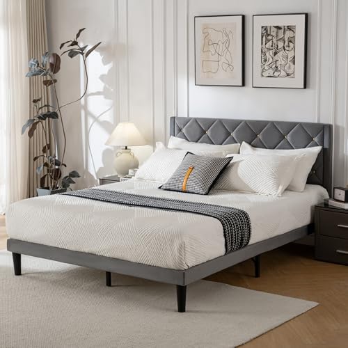 Queen Size Platform Bed Frame with Velvet Headboard