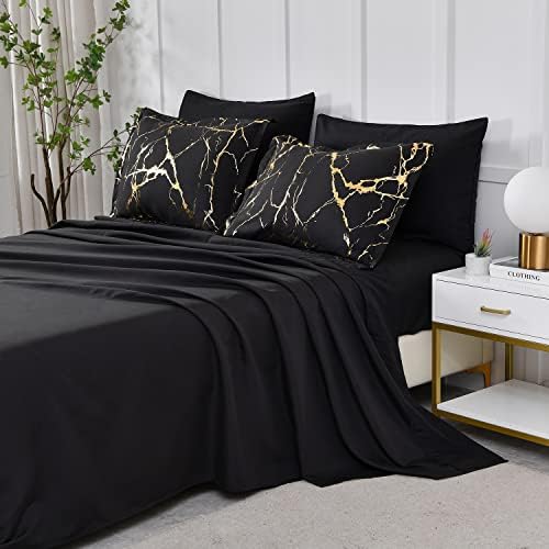 Yogeneg Gold Metallic Marble King Size Comforter Set,7 Piece Bed in a Bag,Foil Print Glitter Black Comforter and Sheet Set,All Season Soft Microfiber Complete Bedding Sets(Black,King)