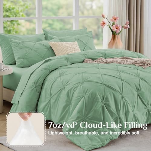 JOLLYVOGUE California King Comforter Set 7 Pieces - Bed in a Bag Cal King for All Season, Pintuck Bedding Comforter Sets with Comforter, Flat Sheet, Fitted Sheet and Pillowcases & Shams, Sage Green