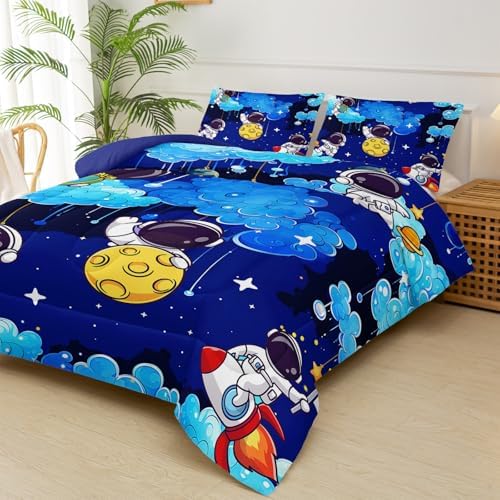 Space Theme Comforter Set - King Size Galaxy Bedding Set for Kids, Astronaut King Bedding Sets for Boys, Blue Comforter, Outer Space Bedroom Decor