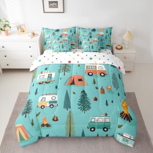 Erosebridal Happy Camping 7 Pieces Bedding Set King Size,Camper Camping Theme Bed in a Bag,Travel Car Rv Bed Set Includes Comforter,Sheet Set,Pillowcases & Pillow Covers,Botanical Trees Bedroom Decor