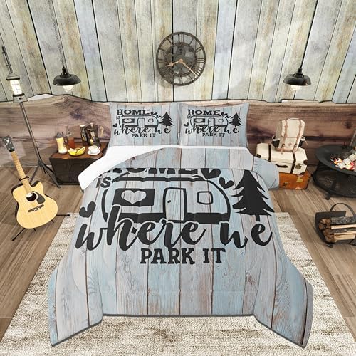 Farmhouse Rustic Camping Twin Size Comforter Set,Funny Home Where We Park It Duvet/Quilt Set for Kids Boys Bedroom,Explore Camper Gifts RV Life Soft Microfiber Bedding Comforters,2 Pcs