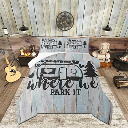 Farmhouse Rustic Camping Comforter Sets Full Size,Funny Home Where We Park It Bedding Comforters for Girls Teens,Explore Camper Gifts RV Life Down Alternative with 2 Pillowcases, Ultra Soft