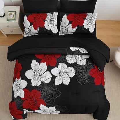 Luxudecor Red Black Comforter Set King Size, 7 Pieces Floral Bed in a Bag