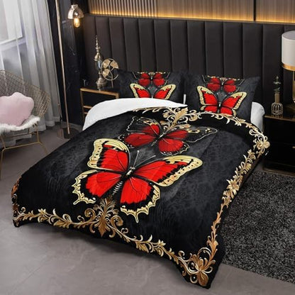 Red and Gold Butterfly Comforter Sets King Size Bed Set，Gothic King Size Bedding Set，with 1 Comforter with 2 Pillow Case，Butterfly Themed Bedroom Decor