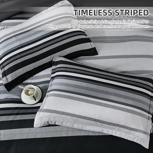 Dobuyly Black Comforters Queen Size Set 7 Pieces, Boho Striped Grey Bed in a Bag Queen Soft Microfiber Bedding Set with Comforter, Sheets, Pillowcases & Shams All Season