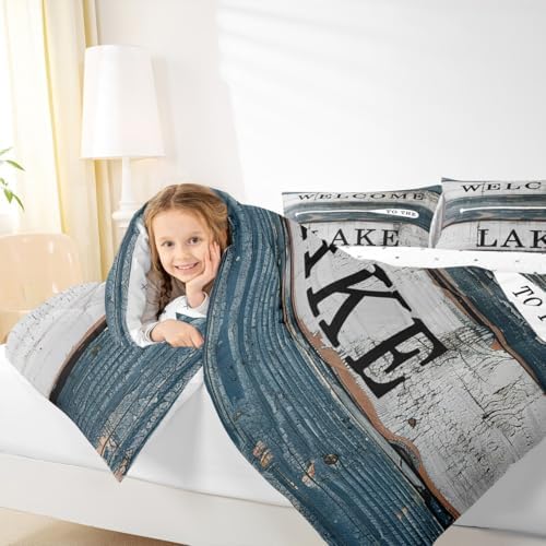 Manfei Lake House Comforter Set Full Size, Rustic Farmhouse Bedding Set 3pcs, Navy Blue Grey Wooden Plank Down Comforter for All Season, Kids Boys Teens Room Decor, 2 Pillowcases, No Sheets