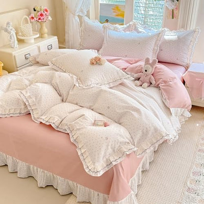 100% Cotton Cherry Print Duvet Cover Set King, Aesthetic Cherry Elephant Pattern Comforter Cover with Ruffle Lace, Lightweight Soft Princess Lace Bedding Cottagecore Duvet Cover with 2 Pillowcases