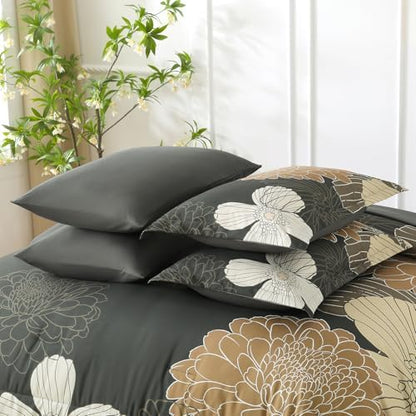 Yiran Queen Khaki Grey Brown Comforter Set - 7 Pieces Floral Bedding Sets,Bed in a Bag Soft Microfiber Comforter with Flat Sheet Fitted Sheet Pillowshams Pillowcases