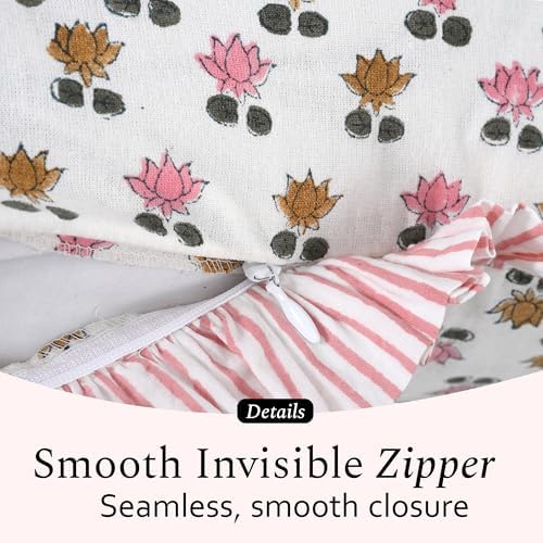 CPC Block Print Rosette Bloom Ruffle Cotton Lumbar Pillow Cover 12x20 inch