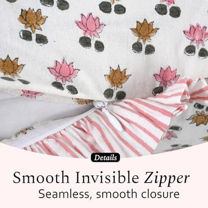 CPC Block Print Rosette Bloom Ruffle Cotton Lumbar Pillow Cover 12x20 inch