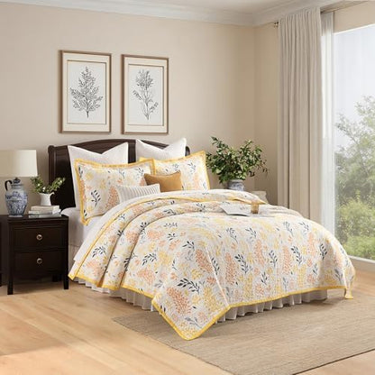 Queen Size Quilt Set - Cotton Floral Quilts Queen, Yellow, 90x98