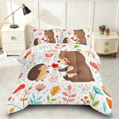Cute Bear Hedgehog King Size Comforter Set with 2 Pillowcases.