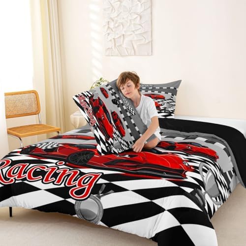 Feelyou Boys Sports Car Comforter Set King Size Red Speed Race Car Bedding Set for Kids Boys Girls Racing Extreme Sports Duvet Quilt Automobile Bedroom Decor Microfiber 3 Pcs with 2 Pillow Cases