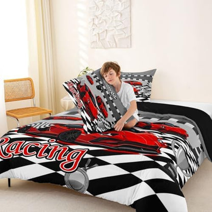 Feelyou Boys Sports Car Comforter Set King Size Red Speed Race Car Bedding Set for Kids Boys Girls Racing Extreme Sports Duvet Quilt Automobile Bedroom Decor Microfiber 3 Pcs with 2 Pillow Cases