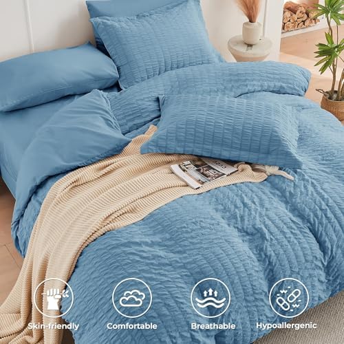 HYMOKEGE Mineral Blue California King Comforter Set Seersucker 7 Pieces, All Season Luxury Bed in a Bag for Bedroom, Bedding Set with Comforter, Sheets, Pillowcases & Shams