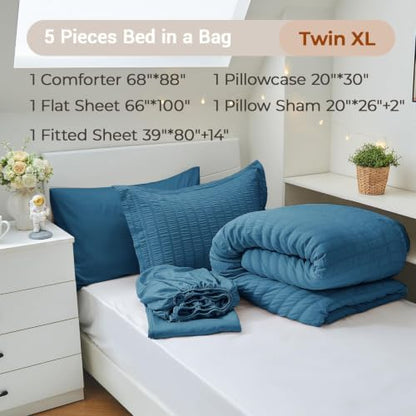 MUXHOMO 5 Pieces Twin XL Comforter Set, Seersucker Bed in a Bag Twin XL Size, All Season Luxury Bedding Set with Comforter, Flat Sheet, Fitted Sheet, Pillowcase & Sham, Teal