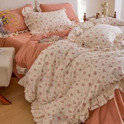 Vintage Floral Duvet Cover Set Queen, 100% Cotton Ruffle Lace Comforter Cover with 2 Pillowcases, Aesthetic Cottagecore Flower Duvet Cover with Zipper Closure, Romantic Girls Princess Bedding Set