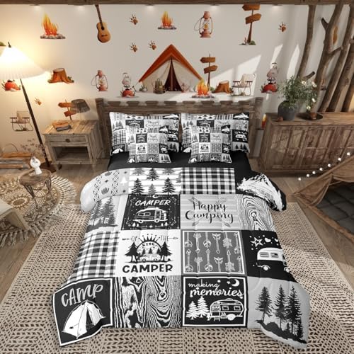 Erosebridal Rv Bedding Sets 7 Piece Plaid Camper Bed in A Bag Full Rustic Farmhouse Camping Bunk Comforter Set Camper Accessories for Travel Trailers,Woodland Travel Bed Set for Kids Boys Men