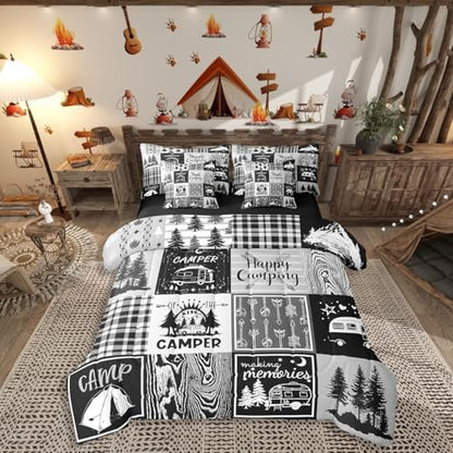 Erosebridal Rv Bedding Sets 7 Piece Plaid Camper Bed in A Bag Full Rustic Farmhouse Camping Bunk Comforter Set Camper Accessories for Travel Trailers,Woodland Travel Bed Set for Kids Boys Men
