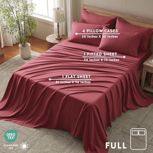 Full Size Bed Sheets - 6 Piece Soft Microfiber and Wrinkle Free Sheets - Easy Care, Extra Soft, Cooling Sheets - 1 Deep Pocket Fitted Sheet 1 Flat Sheet and 4 Pillowcases (Full Burgundy)