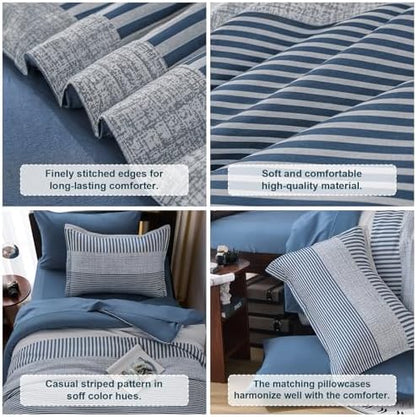 Cottolester Kids Comforter Sets Twin Size,Mineral Blue Striped Comforter