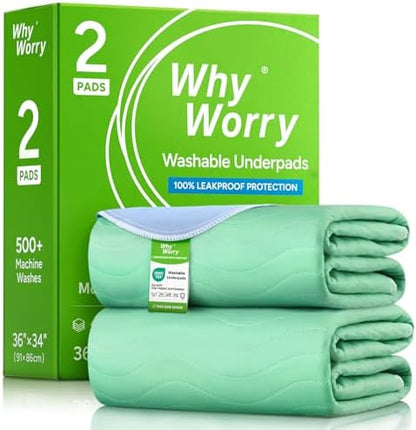 WhyWorry Washable Bed Pads for Adult Incontinence, 34"x36", Green, 2 Count