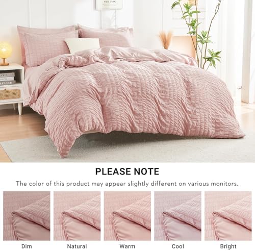 HYMOKEGE Rose Gold King Size Comforter Set Seersucker 7 Pieces, All Season Luxury Bed in a Bag for Bedroom, Bedding Set with Comforters, Sheets, Pillowcases & Shams