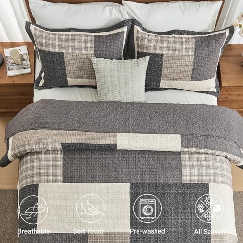 Finlonte 100% Cotton Queen Quilt Set, Farmhouse Plaid Queen Quilted Bedspread, Brown Beige Black Lightweight Comforter Bedding Set for All Season, 3-Piece