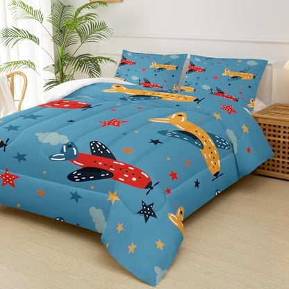 Kids Aeroplane Comforte Set Twin，Blue Airplane Bedding for Boys，Cute Star Quilt Pattern，Cute Bedroom Decor for Kids，1 Comforter 2 Pillow Cases