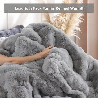 YIKUSH Twin Faux Fur Comforter Set, Fluffy Light Gray Rabbit Fur Comforter