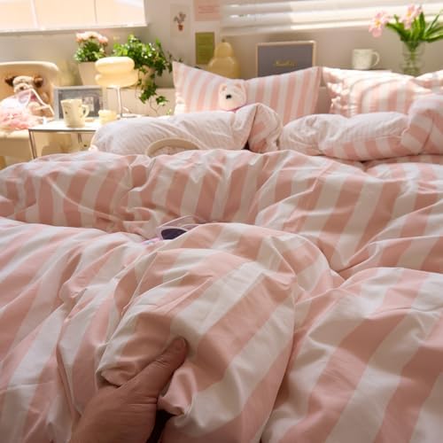 VM VOUGEMARKET Pink Striped Duvet Cover Twin Size Girls Dorm Bedding Set Pink White Stripes Duvet Cover with 2 Pillowcases Soft Lightweight Microfiber Farmhouse Comforter Cover-68 x86