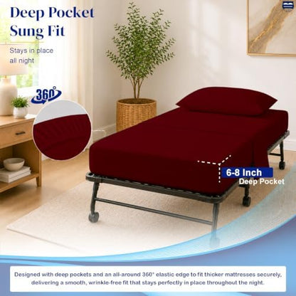 Cottingon 4 PC Cot Sheet Set 30"X75", Egyptian Cotton, Burgundy