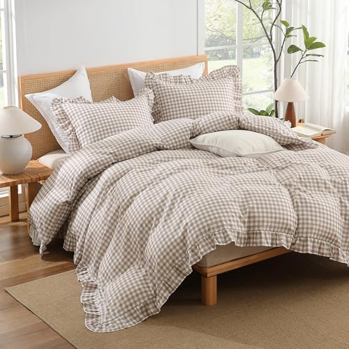 Andency Tan Gingham Duvet Cover Full, Ruffle Shabby Chic Bedding Set 3 Pcs
