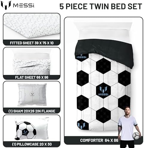 Messi Twin Comforter Set 5 Piece Kids Sports Bedding for Boys, White