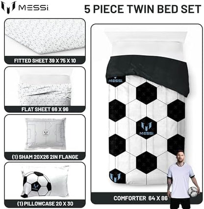 Messi Twin Comforter Set 5 Piece Kids Sports Bedding for Boys, White