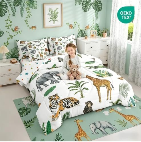 Erosebridal Wild Animal Kids Comforter Set Full 7 Piece Cartoon Elephant Giraffe Bed in A Bag Safari Animals Bedding Sets for Kids Crocodile Tiger Zebra Palm Tree Tropical Sheet Set with Comforter