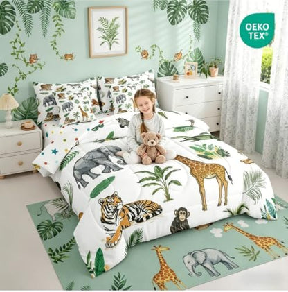 Erosebridal Wild Animal Kids Comforter Set Full 7 Piece Cartoon Elephant Giraffe Bed in A Bag Safari Animals Bedding Sets for Kids Crocodile Tiger Zebra Palm Tree Tropical Sheet Set with Comforter