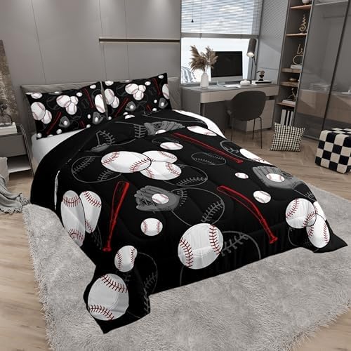 Castle Fairy White Baseball Comforter Set,Red Baseball Bat Bedding Set for Kids Girls Boys,Teens Adults Sports Baseball Comforter,Ball Games Quilted Duvet Set Bedroom Collection Twin Size 2Pcs