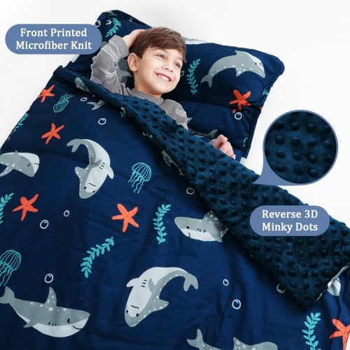 PHF Toddler Nap Mat with Removable Pillow and Minky Blanket, Rollup Design Kids Sleeping Mat, Slumber Bags for Boys, 55"x23" Toddler Sleeping Bag for Daycare Preschool Travel Camping, Shark