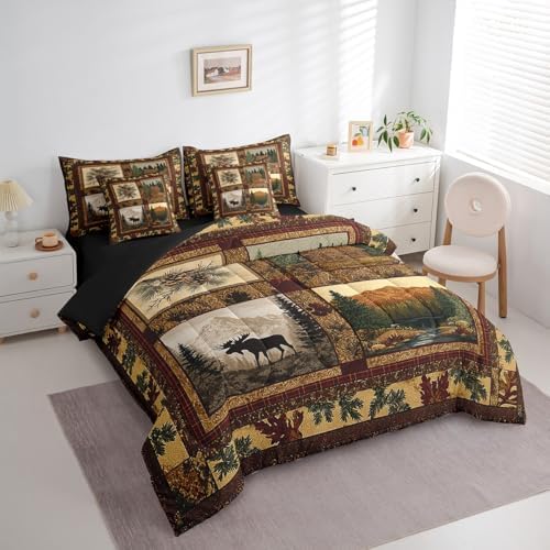 Erosebridal Hunting Theme 7 Piece Bedding Set King Size,Deer Cabin Lodge Bed in a Bag,Retro Patchwork Bed Set Includes Comforter, Sheet Set, Pillowcases & Pillow Covers All Season Bedroom Decor