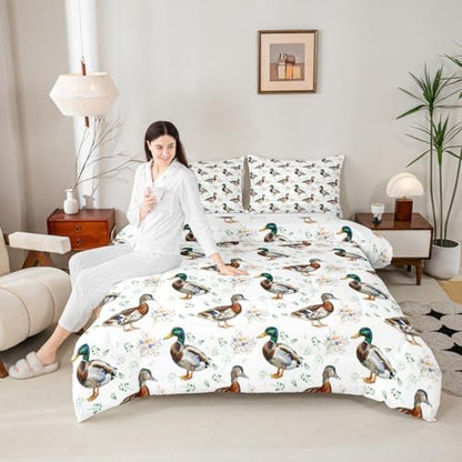 jejeloiu Mallard Duck Comforter Set Queen Size Hunting and Fishing Bedding Set for Kids Boys Girls Wild Animal Duvet Quilt Bedroom Decor Microfiber 3 Pcs with 2 Pillow Cases
