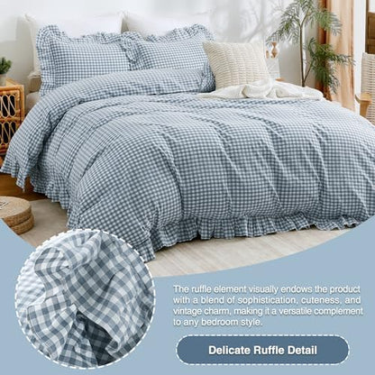 ATsense Blue Gingham Ruffle Duvet Cover Set Cotton Like Linen, Queen